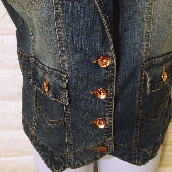 Vintage 90s Bandolino Blu Denim Vest Waistcoat Lady-XL Fitted Lapels Pockets - Picture 3 of 9